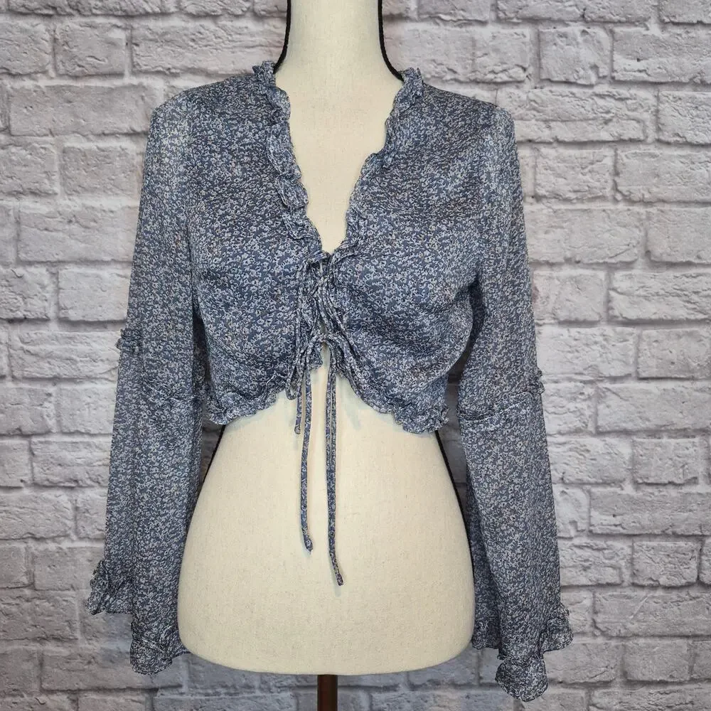 Princess Polly Blue Floral Caylan Tie Front Ruffle Crop Blouse Top Cottagecore 6
